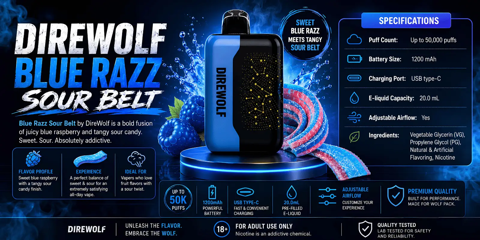 DireWolf Blue Razz Sour Belt Flavor