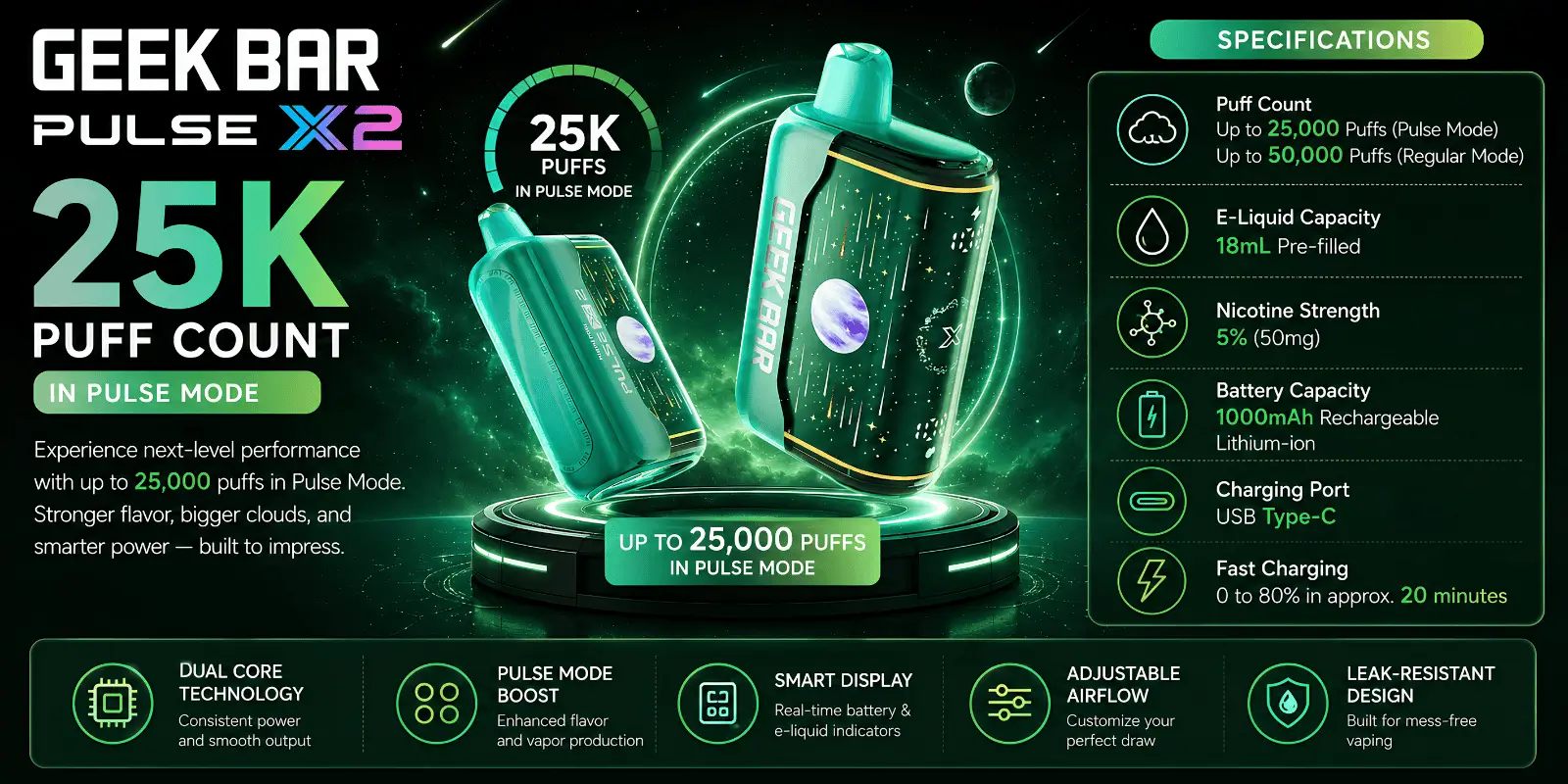 Geek Bar Pulse X2 25K puff count in Pulse Mode