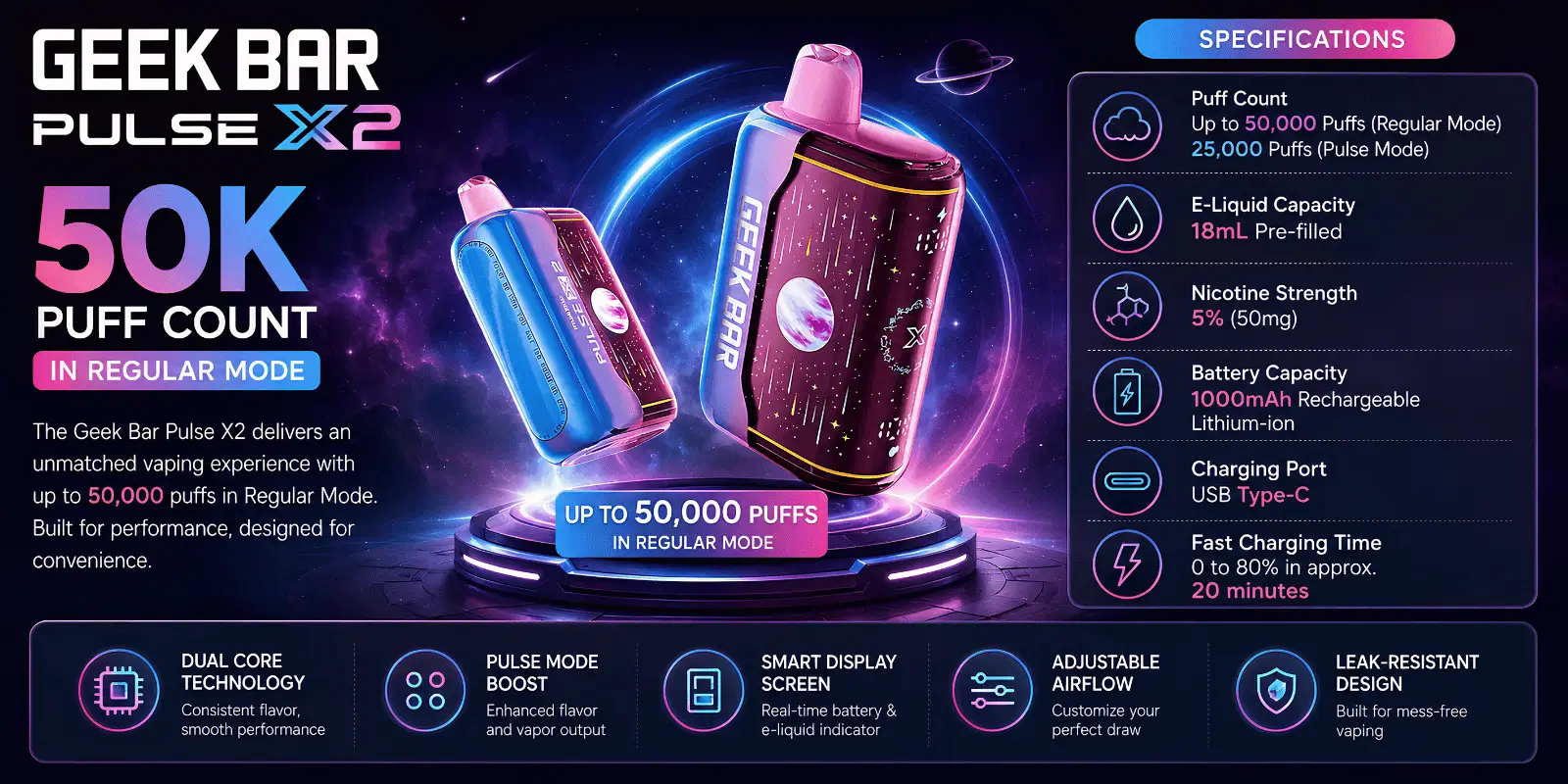 Geek Bar Pulse X2 50K puff count in Regular Mode