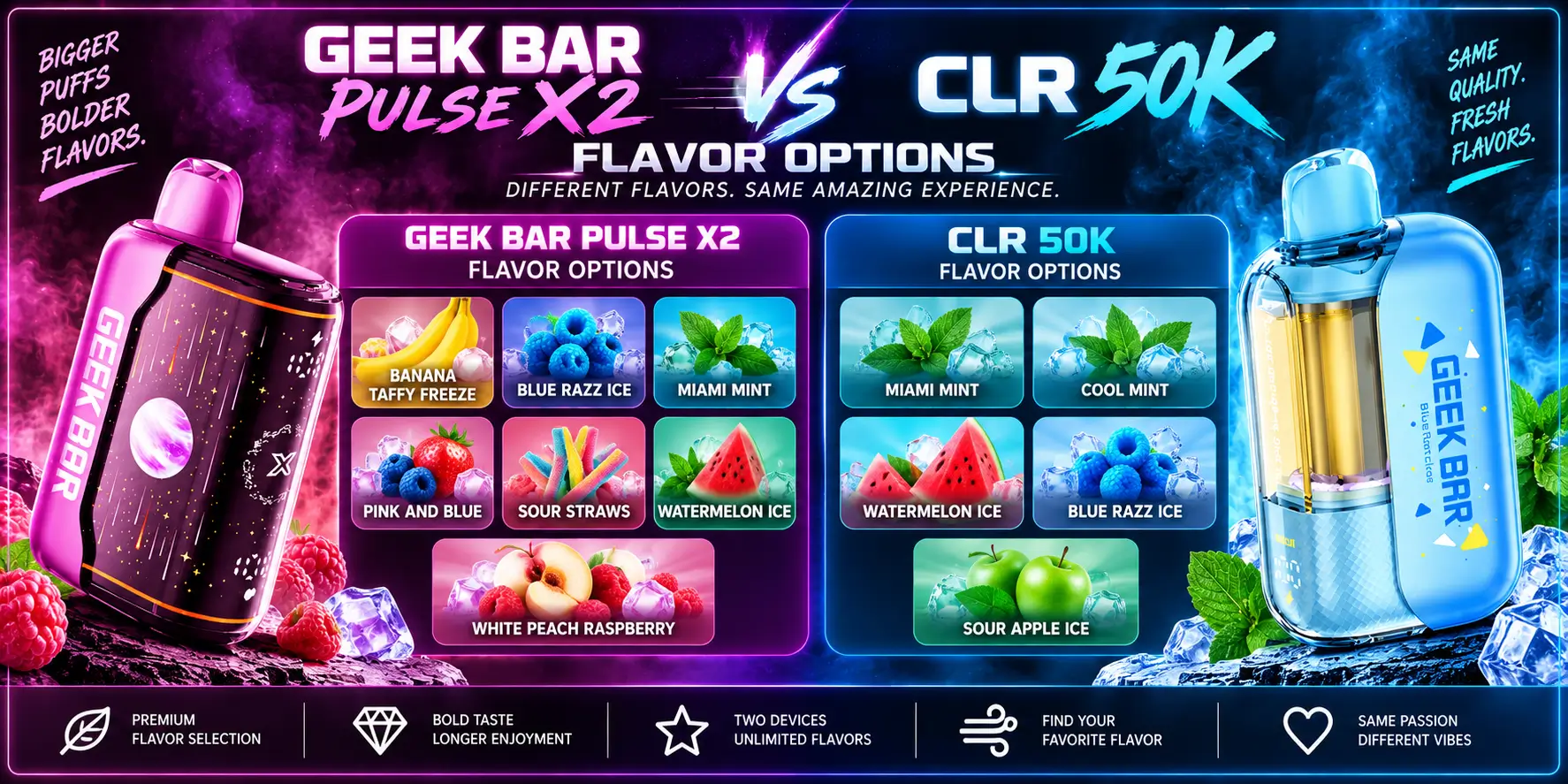 Geek Bar Pulse X2 vs CLR 50K: Flavor Options